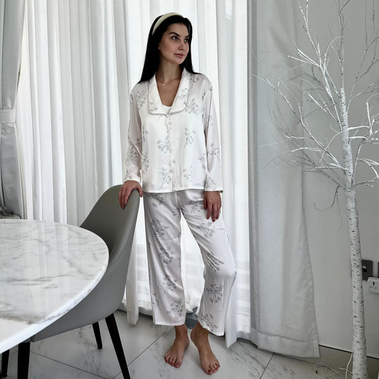 Pure Silk Pajama Set – Porcelain Blossom